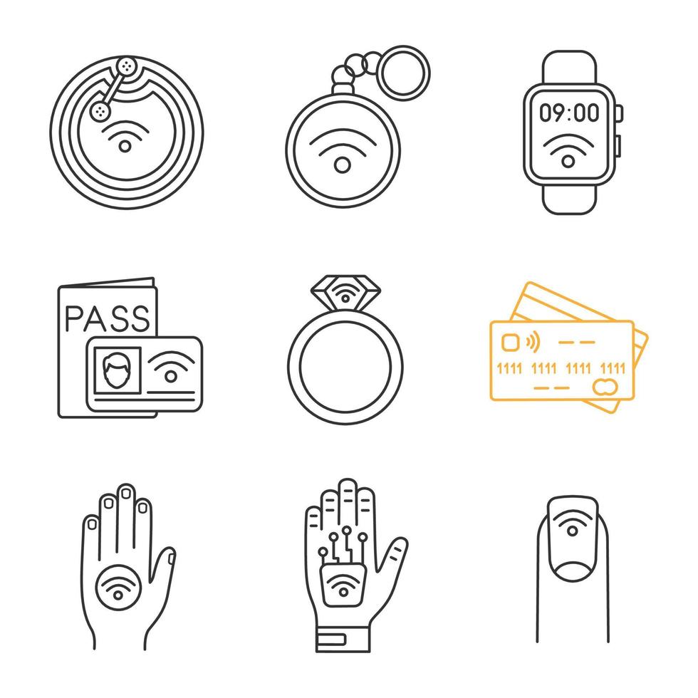 NFC technology linear icons set. Near field chip, trinket, smartwatch, identification system, ring, credit card, sticker, hand implant, manicure. Isolated vector outline illustrations. Editable stroke