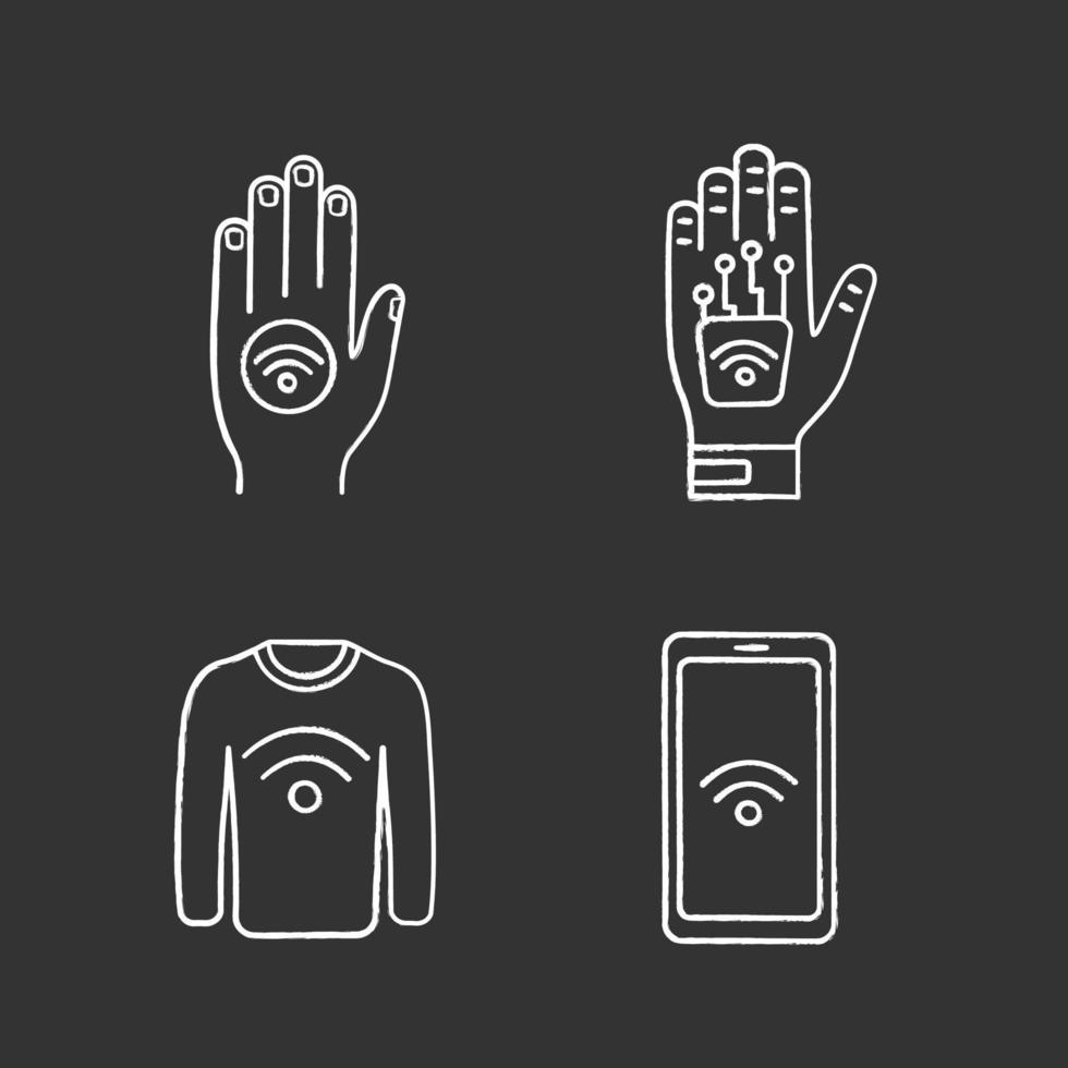 NFC technology chalk icons set. Near field hand sticker, implant, clothes, smartphone. Isolated vector chalkboard illustrations
