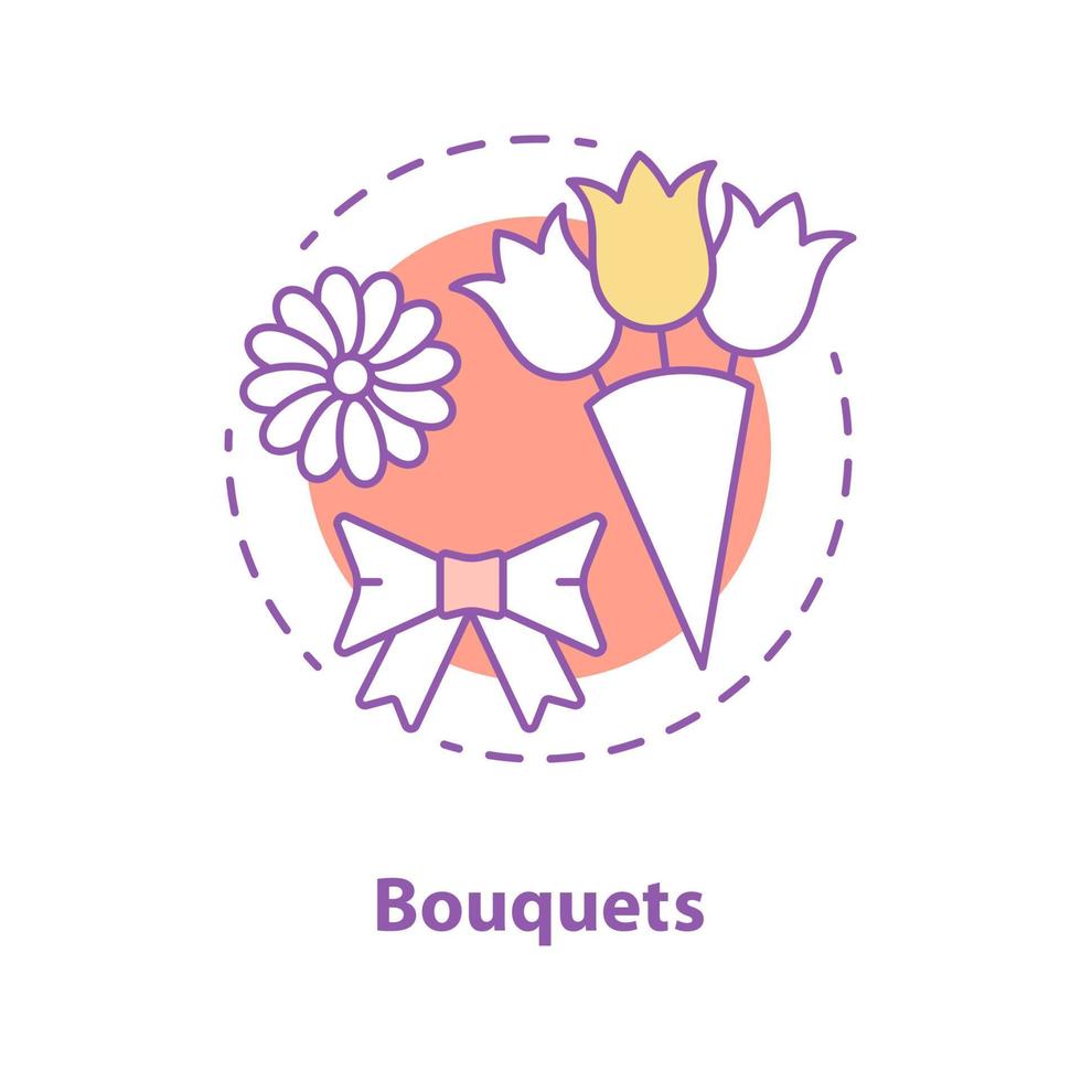 Bouquets concept icon. Flowers. Holiday present idea thin line illustration. Camomile, bow, bunch of tulips. Vector isolated outline drawing