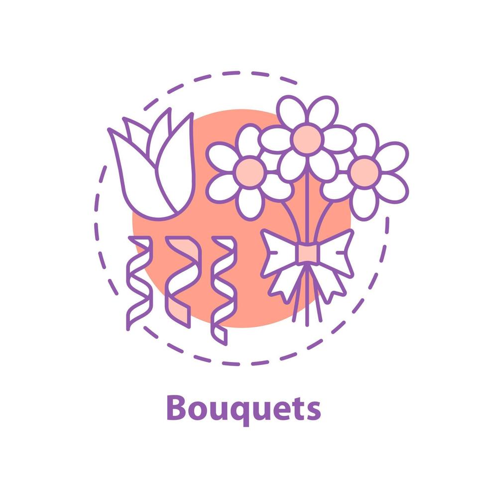 Bouquets concept icon. Flowers. Holiday present idea thin line illustration. Rose, confetti, bunch of camomiles. Vector isolated outline drawing