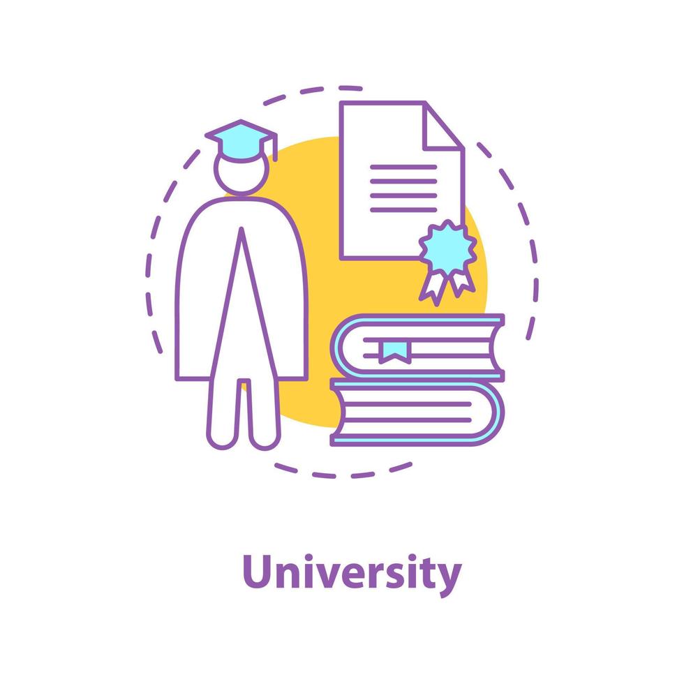 University concept icon. High education idea thin line illustration. Student, diploma, books stack. Vector isolated outline drawing