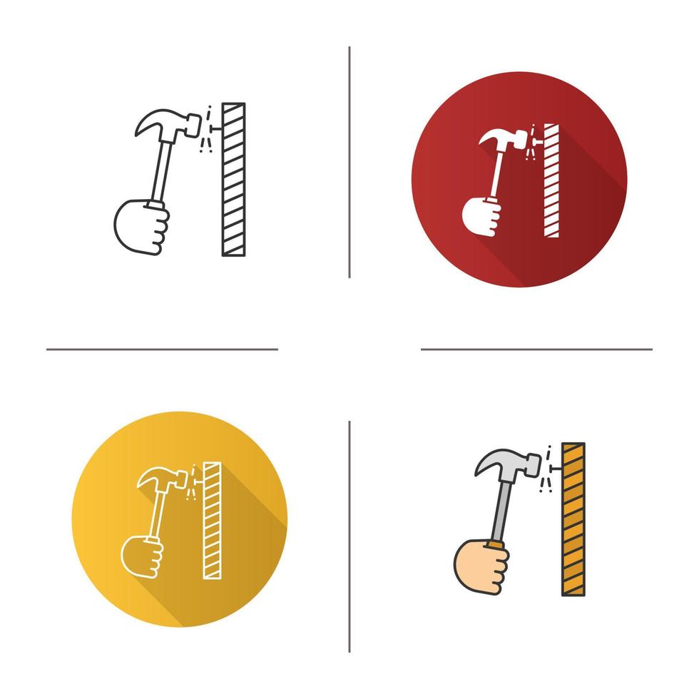 Hand hammering nail icon. Builder's hand. Flat design, linear and color styles. Isolated vector illustrations