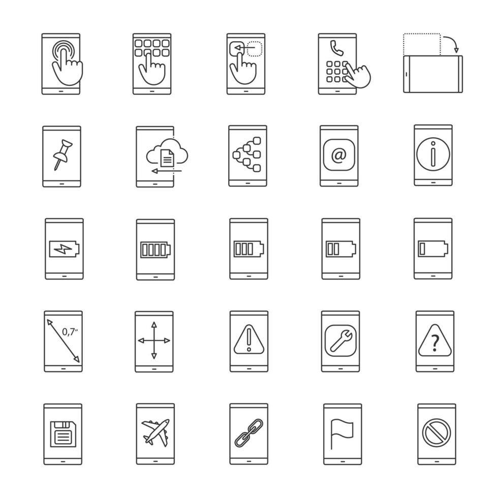 conjunto de iconos lineales de teléfono inteligente. conexión a internet, transferencia de datos, aplicaciones, comunicación. símbolos de contorno de línea delgada. Ilustraciones de vectores aislados