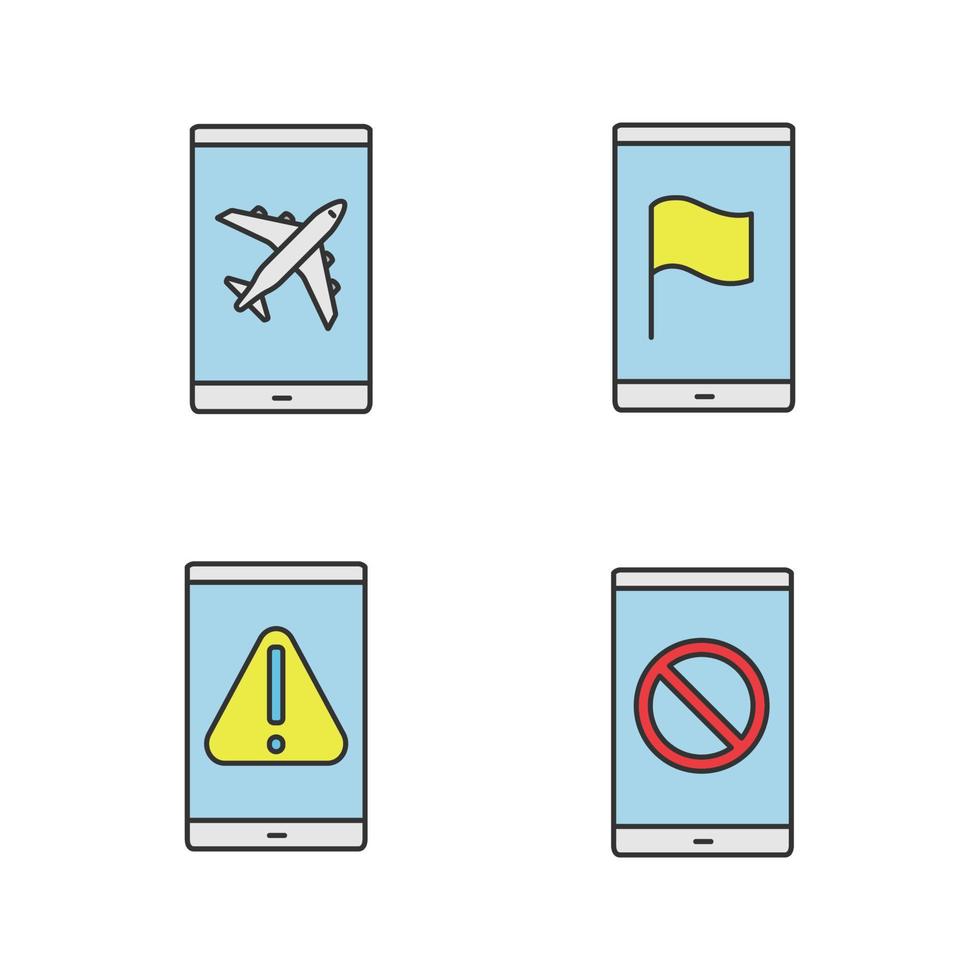 conjunto de iconos de color de aplicaciones de teléfonos inteligentes. modo de vuelo, navegador gps, error, sin señal de señal. ilustraciones de vectores aislados