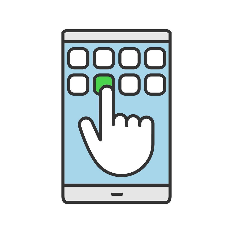 Smartphone touchscreen and keypad color icon. Hand entering smartphone password. Typing message. Isolated vector illustration