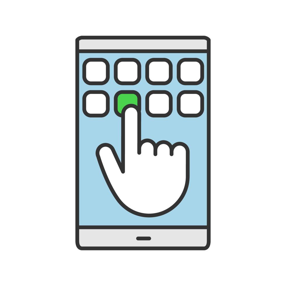 pantalla táctil del teléfono inteligente e icono de color del teclado. mano ingresando la contraseña del teléfono inteligente. escribir mensaje. ilustración vectorial aislada vector