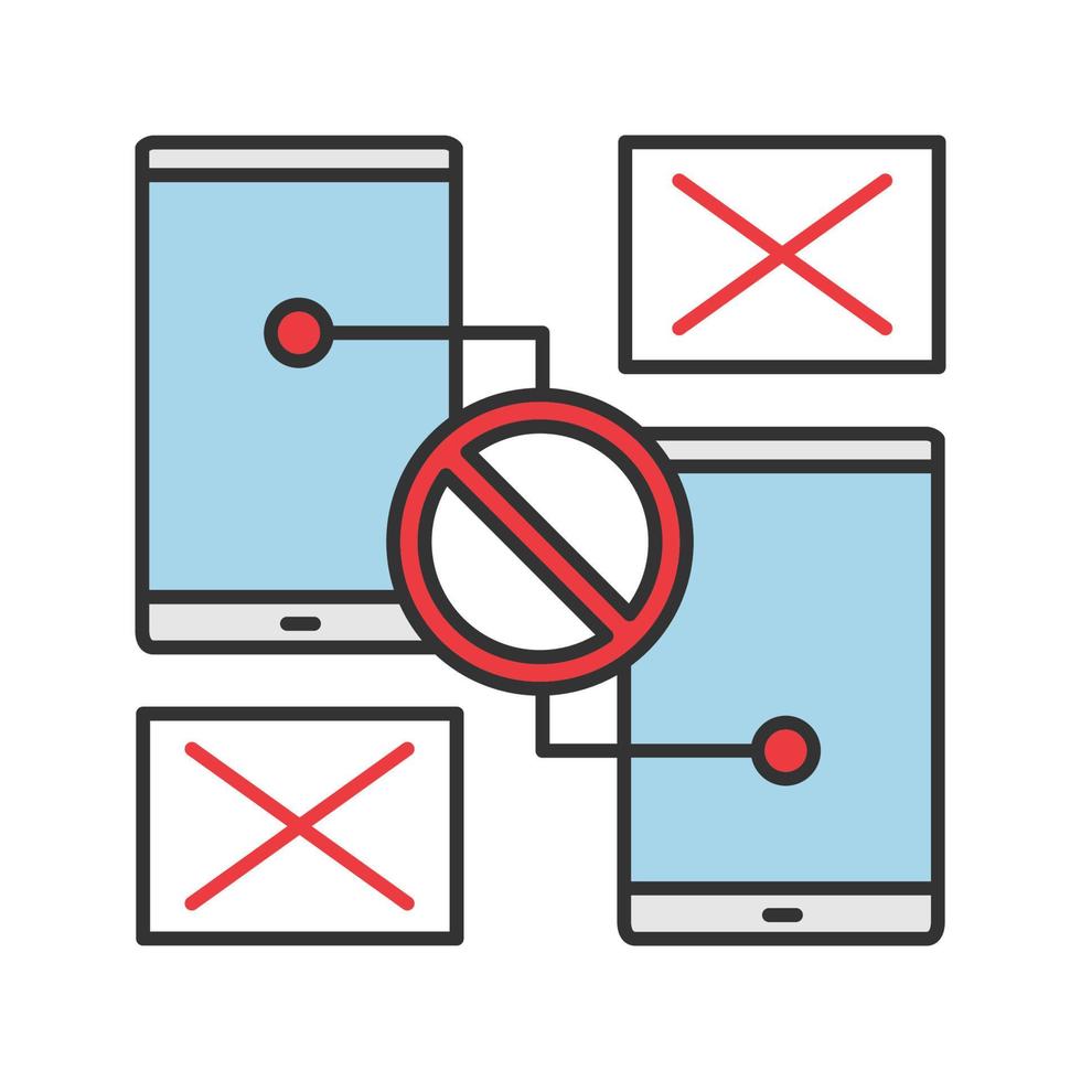 Smartphones with forbidden sign color icon. No signal or connection. Synchronization problem. Isolated vector illustration