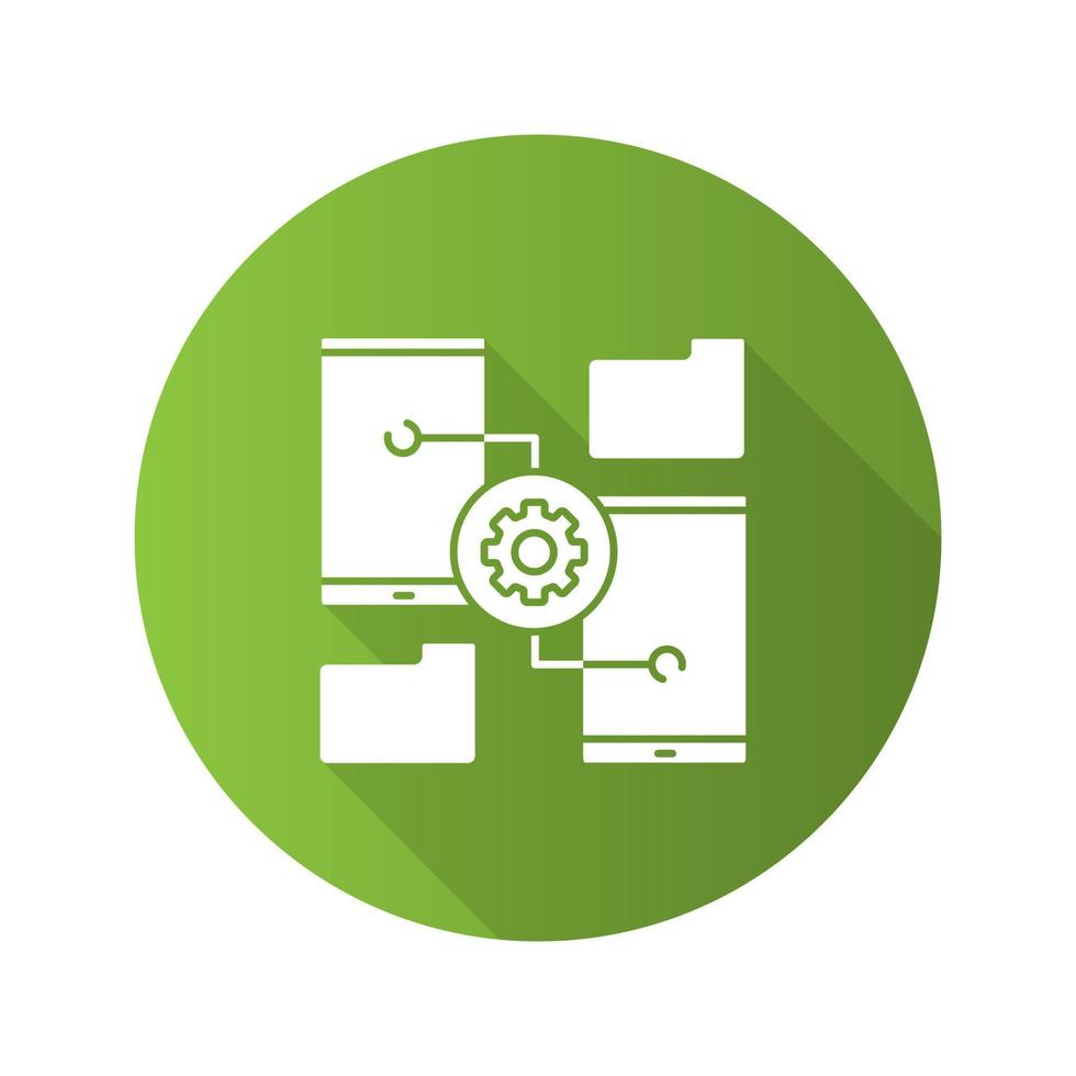 Smartphone settings flat design long shadow glyph icon. File manager. Phones with cogwheel. Vector silhouette illustration