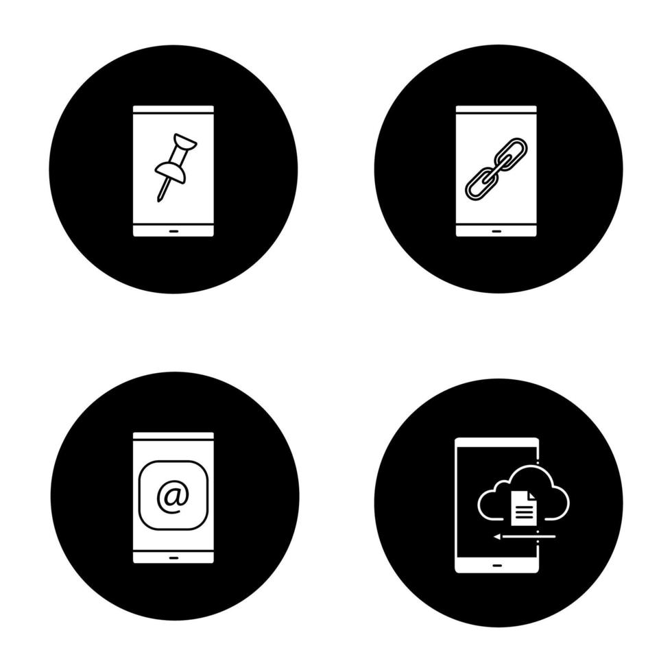 Smartphone glyph icons set. File attach, link, e-mail, cloud storage. Vector white silhouettes illustrations in black circles
