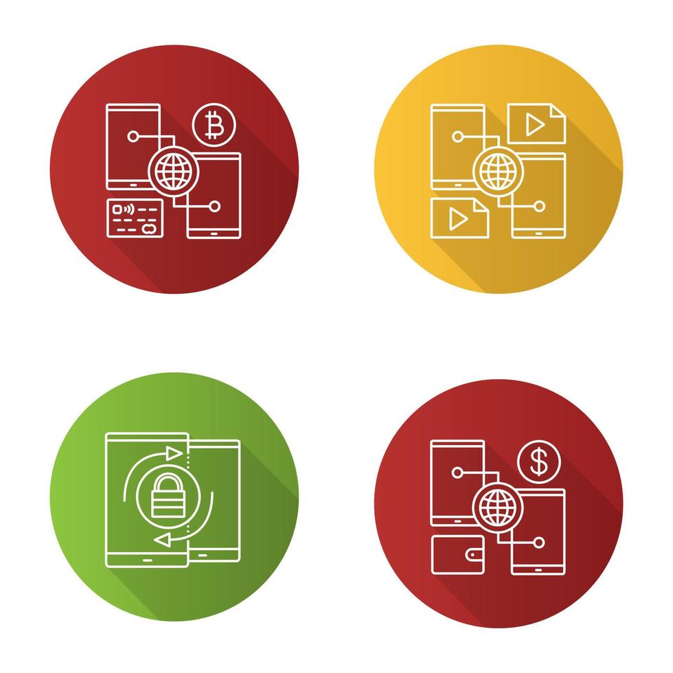 Smartphone flat linear long shadow icons set. Bitcoin and dollar digital wallets, content sharing, security synchronisation. Vector outline illustration