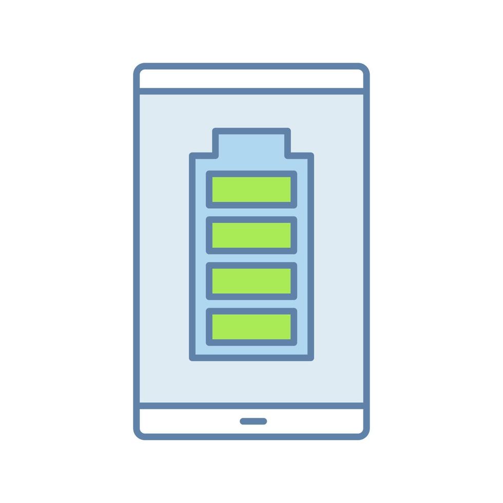 Fully charged smartphone battery color icon. Mobile phone charge completed. Battery level indicator. Isolated vector illustration