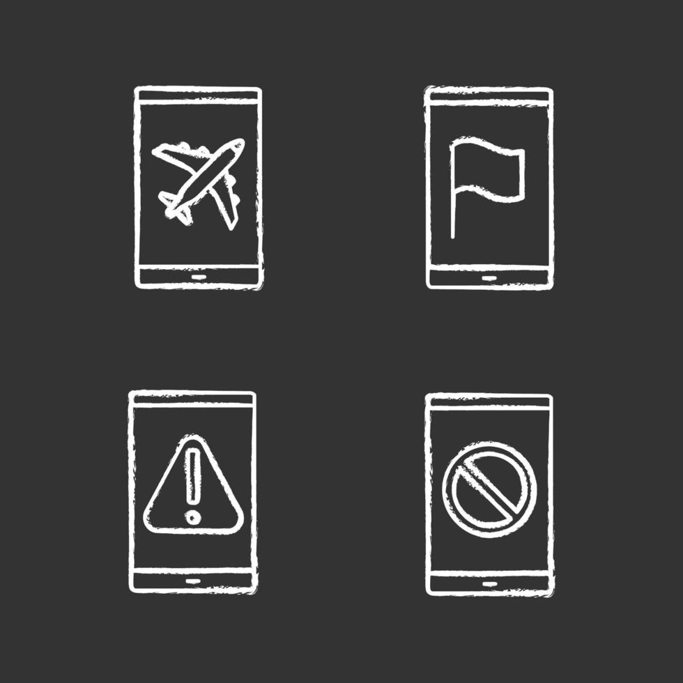 Smartphone apps chalk icons set. Flight mode, GPS navigator, error, no signal sign. Isolated vector chalkboard illustrations