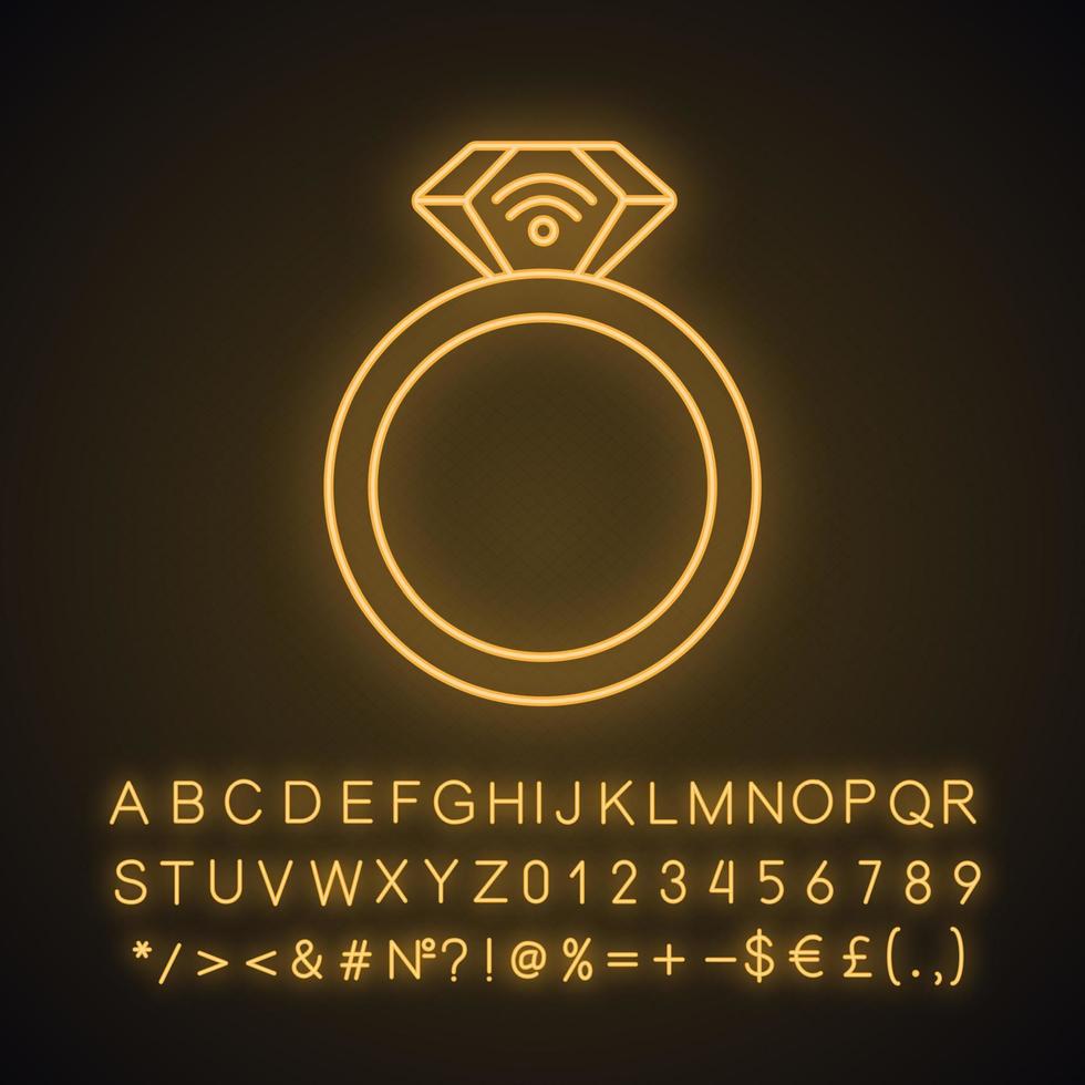 NFC ring neon light icon. Near field communication. RFID transponder. Smart ring. Contactless technology. Glowing sign with alphabet, numbers and symbols. Vector isolated illustration