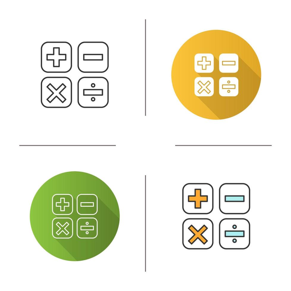 Maths symbols icon. Calculating. Elementary mathematics. Plus, minus, multiply, divide. Flat design, linear and color styles. Isolated vector illustrations