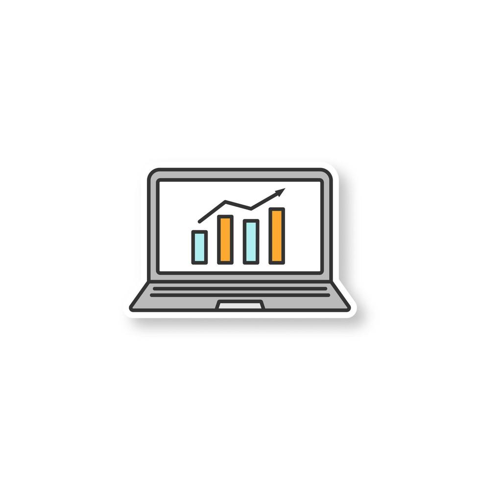Statistics patch. Laptop display with market growth chart. Analysis. Statistics diagram. Color sticker. Vector isolated illustration