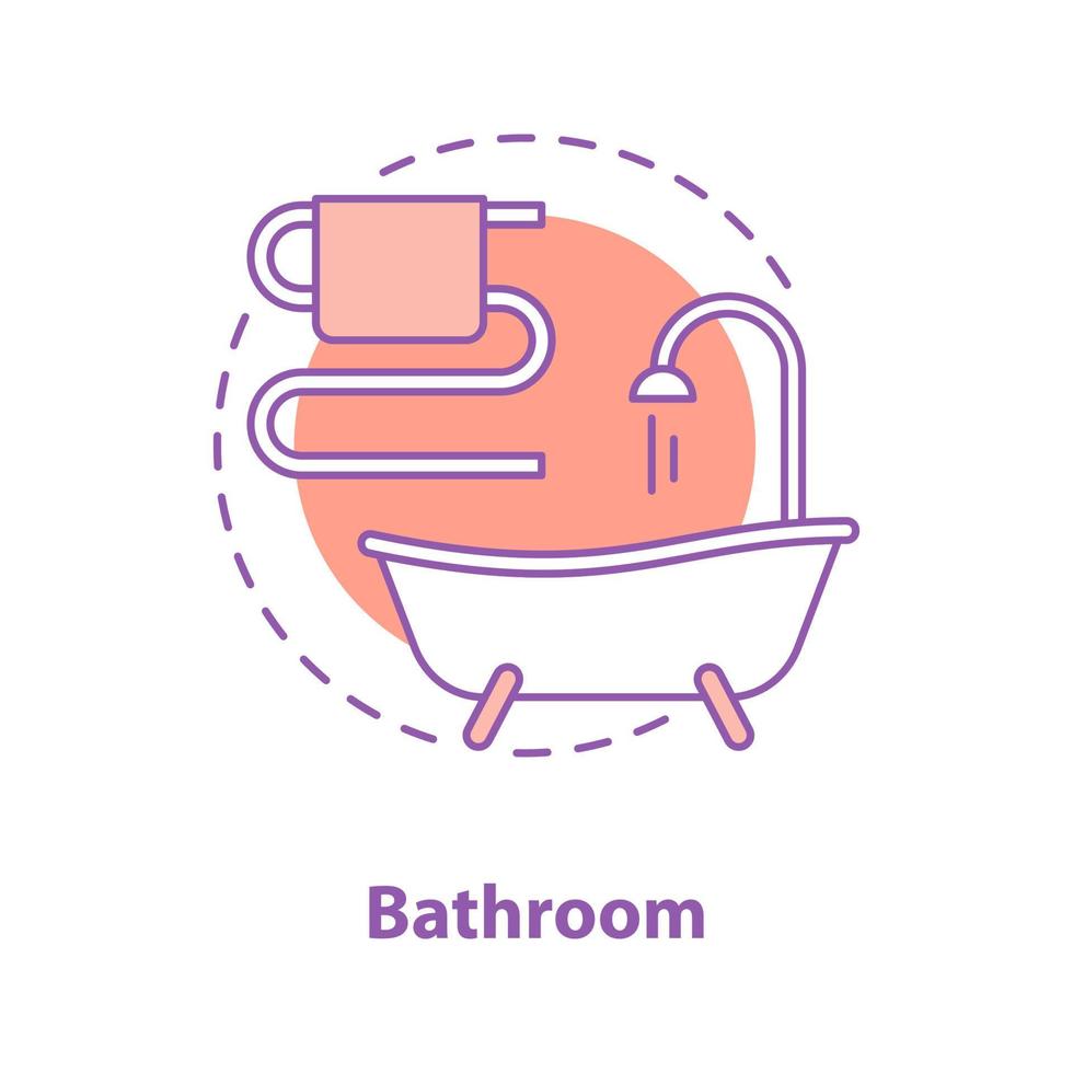 Bathroom interior concept icon. Plumbing idea thin line illustration. Bathtub and towel rail. Vector isolated outline drawing