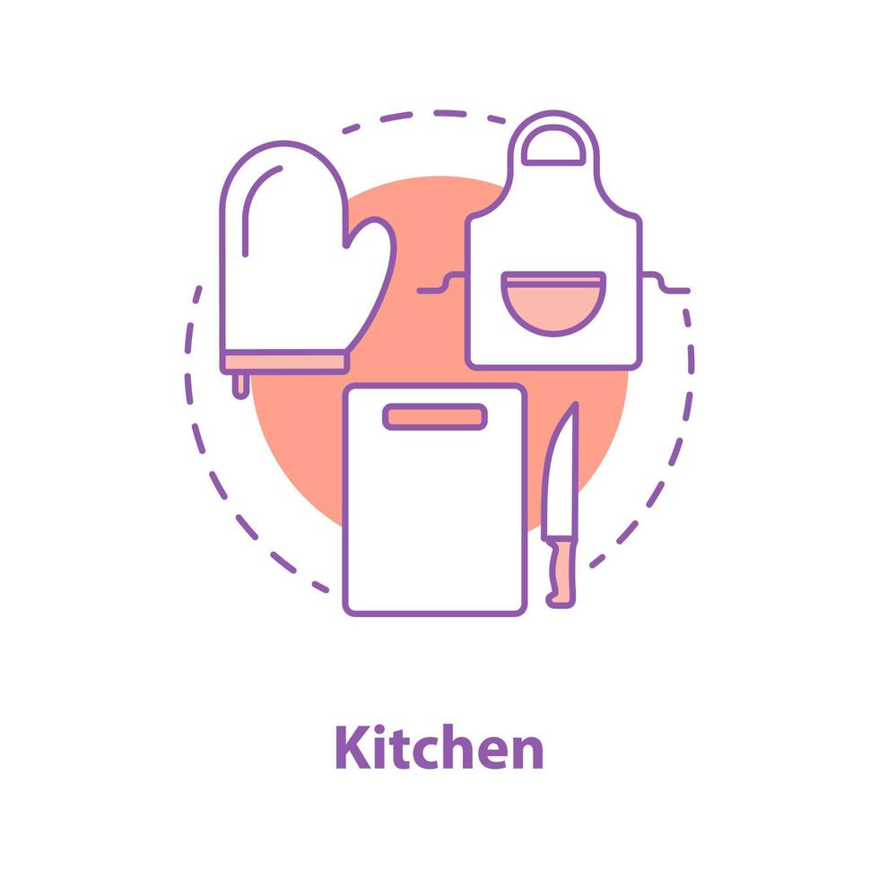 Cooking accessories concept icon. Kitchen equipment idea thin line illustration. Apron, oven mitt and cutting board with knife. Vector isolated outline drawing