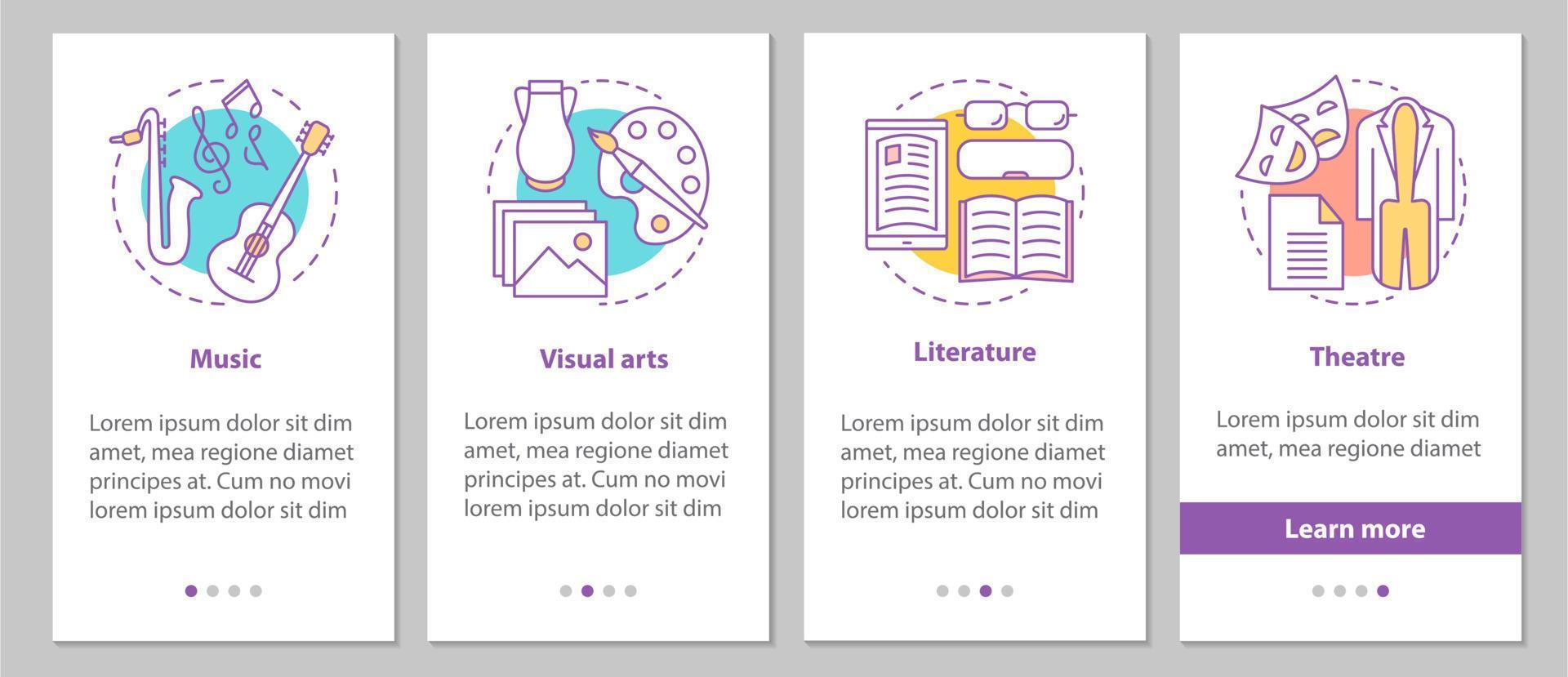 Types of art onboarding mobile app page screen with linear concepts. Music, visual arts, theater, literature steps graphic instructions. UX, UI, GUI vector template with illustrations