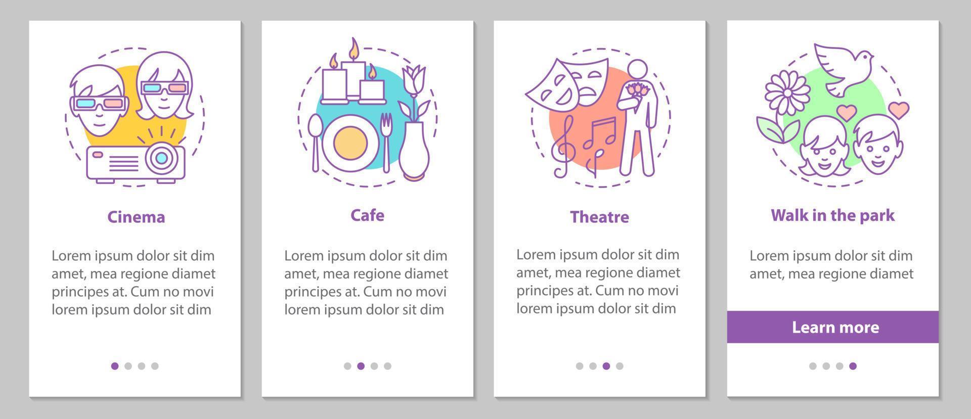 First date onboarding mobile app page screen with linear concepts. Cinema, theater, cafe, park walk steps graphic instructions. UX, UI, GUI vector template with illustrations