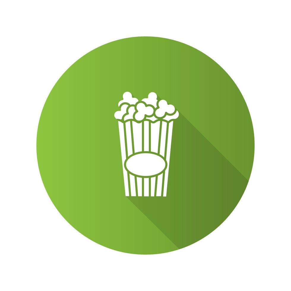 Paper glass with popcorn flat design long shadow glyph icon. Pop corn. Vector silhouette illustration
