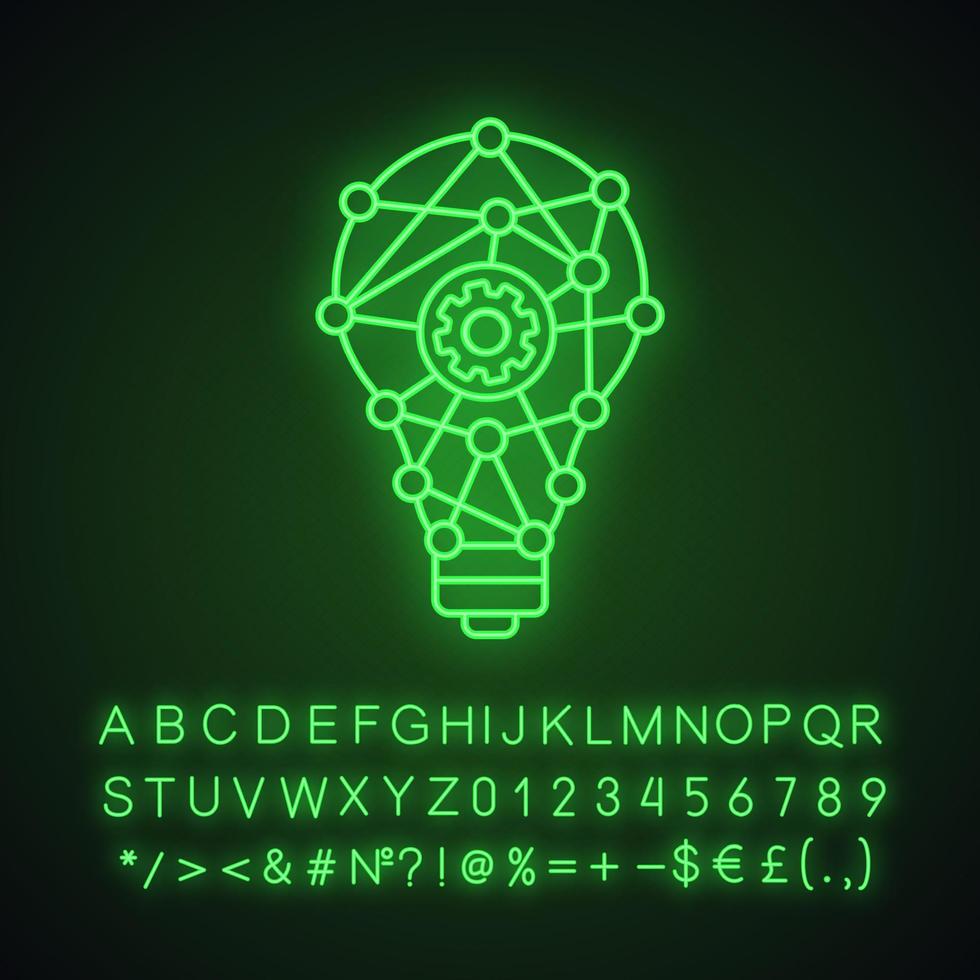 Innovation process neon light icon. Technological progress. Creative idea. Machine learning. Cogwheel inside light bulb. Glowing sign with alphabet, numbers and symbols. Vector isolated illustration