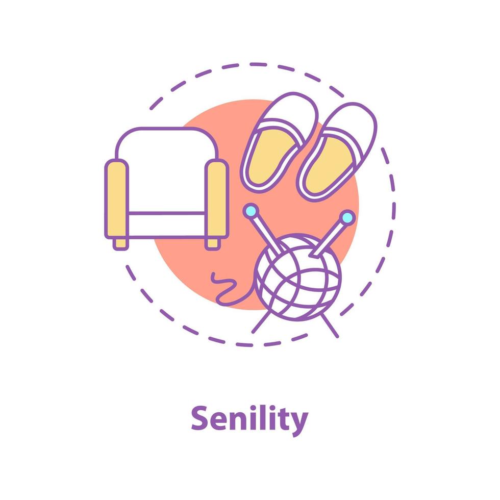 Senility concept icon. Elderly idea thin line illustration. Armchair, slippers, knitting wool and needle. Vector isolated outline drawing