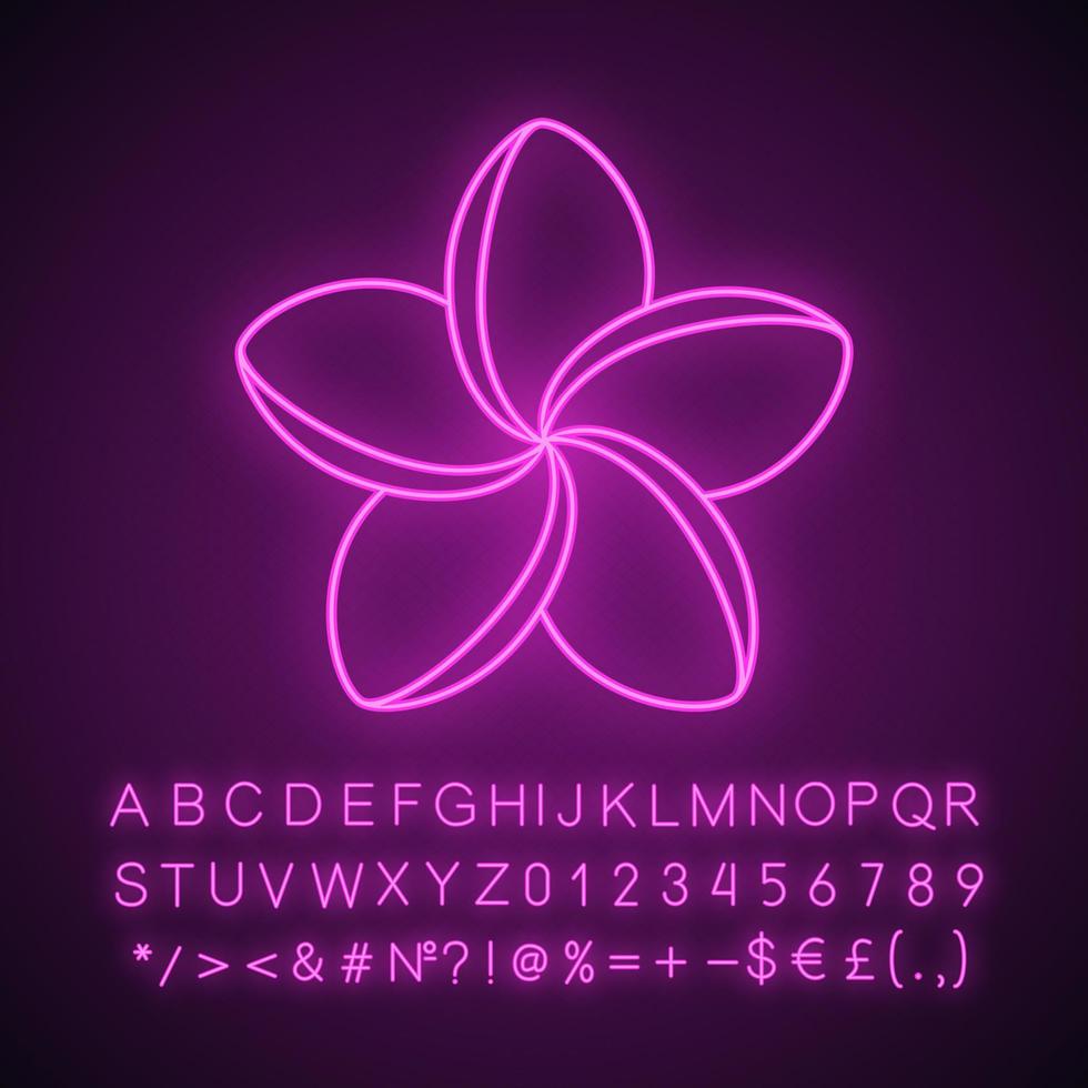 Spa salon plumeria flower neon light icon. Aromatherapy. Glowing sign with alphabet, numbers and symbols. Vector isolated illustration