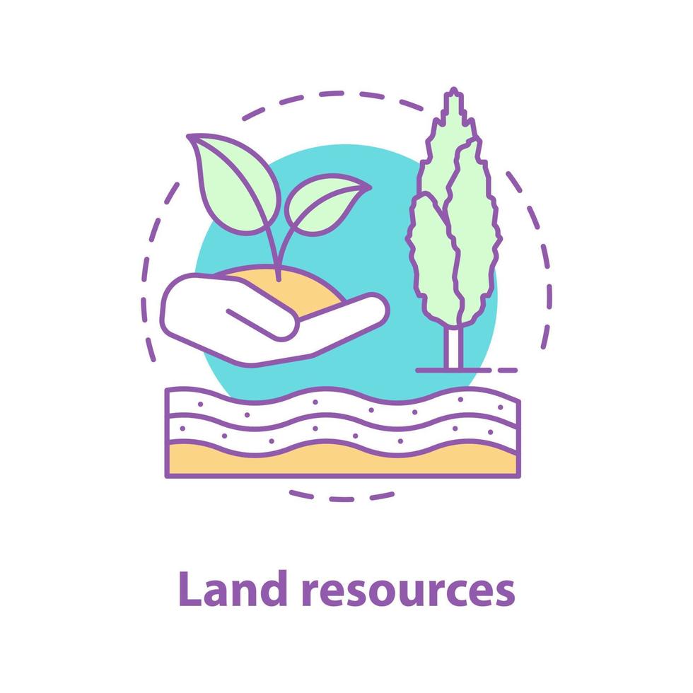 Land resources concept icon. Ecosystem idea thin line illustration. Natural resources. Agriculture. Rural landscape. Vector isolated outline drawing