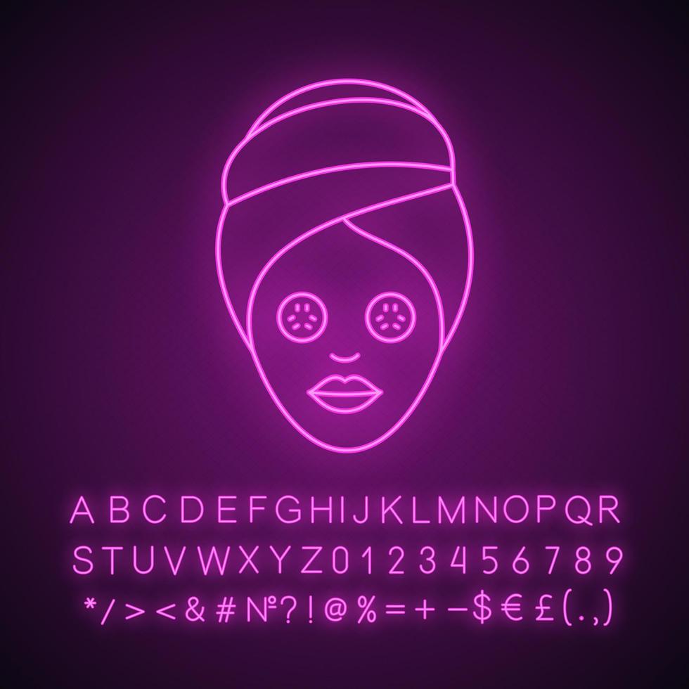 Spa procedure neon light icon. Woman with cucumber facial mask. Glowing sign with alphabet, numbers and symbols. Vector isolated illustration