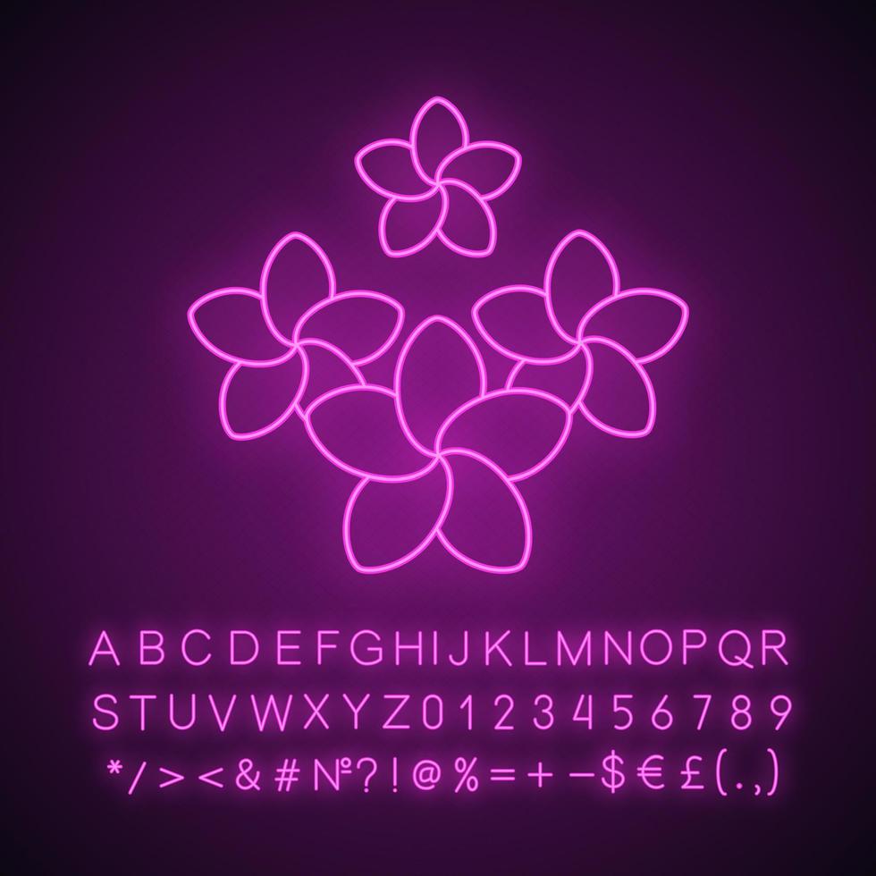 Spa salon plumeria flowers neon light icon. Aromatherapy. Glowing sign with alphabet, numbers and symbols. Vector isolated illustration