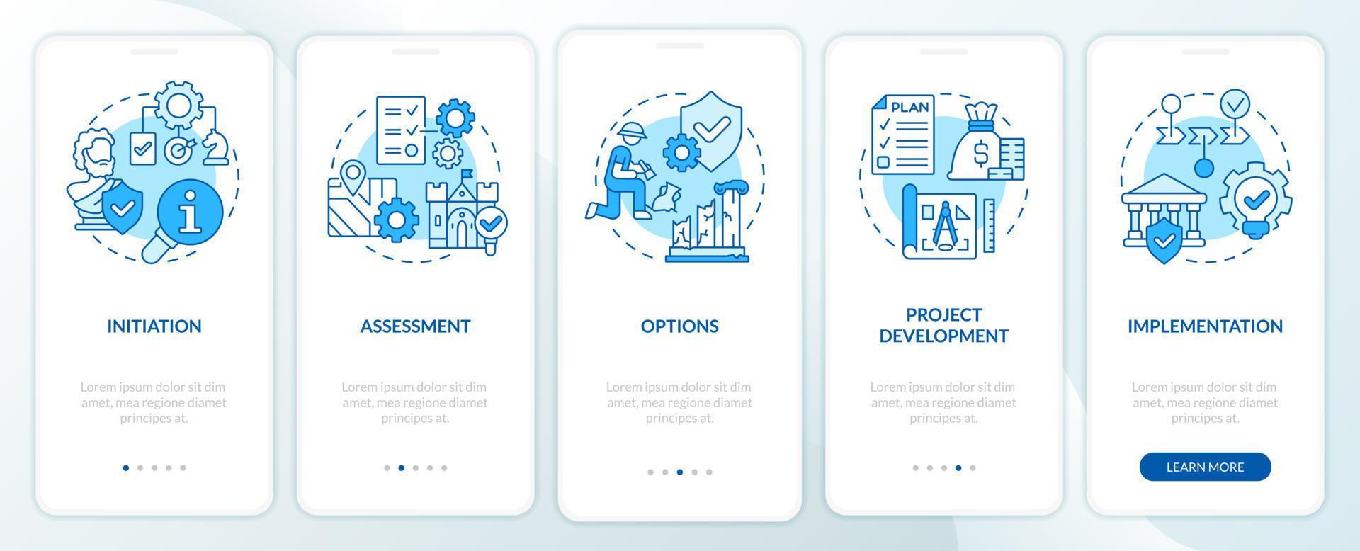 Heritage conservation process blue onboarding mobile app screen. Walkthrough 5 steps graphic instructions pages with linear concepts. UI, UX, GUI template. vector
