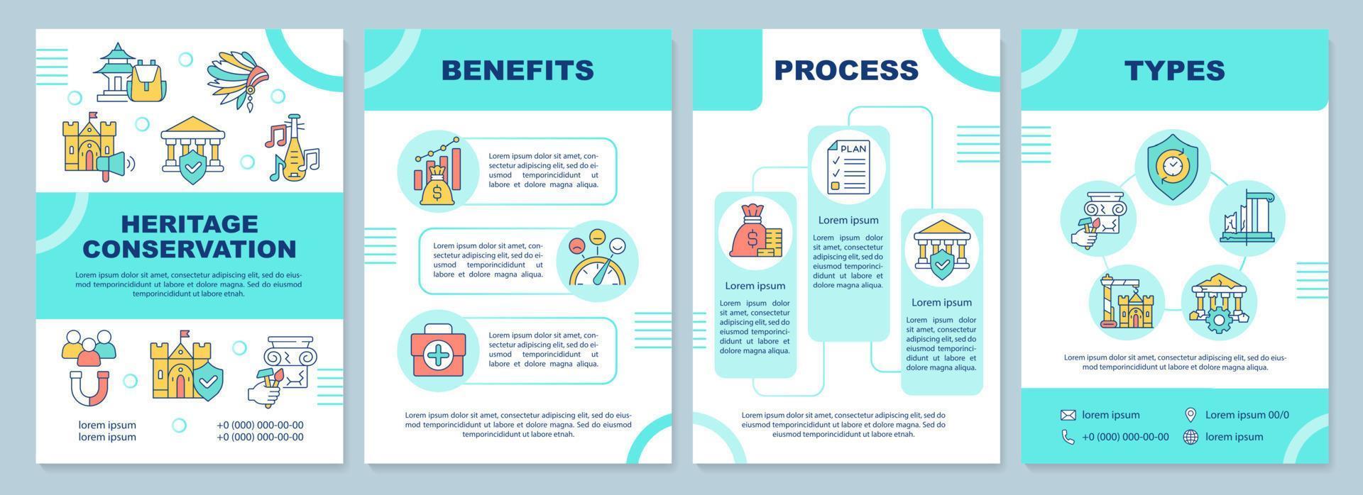 Heritage reservation strategy mint brochure template. Leaflet design with linear icons. 4 vector layouts for presentation, annual reports.