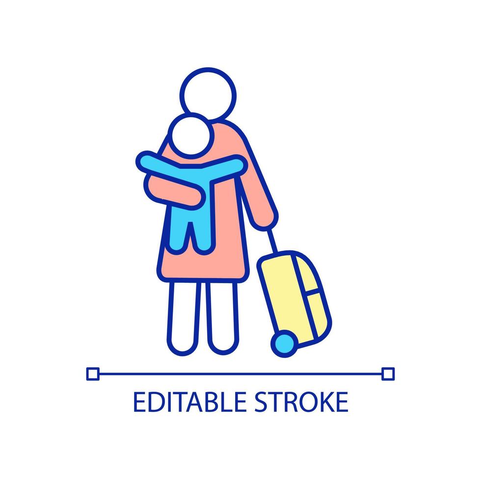 Moving family RGB color icon. Mother and child forced to flee. Leaving home. Refugee family. Isolated vector illustration. Simple filled line drawing. Editable stroke.