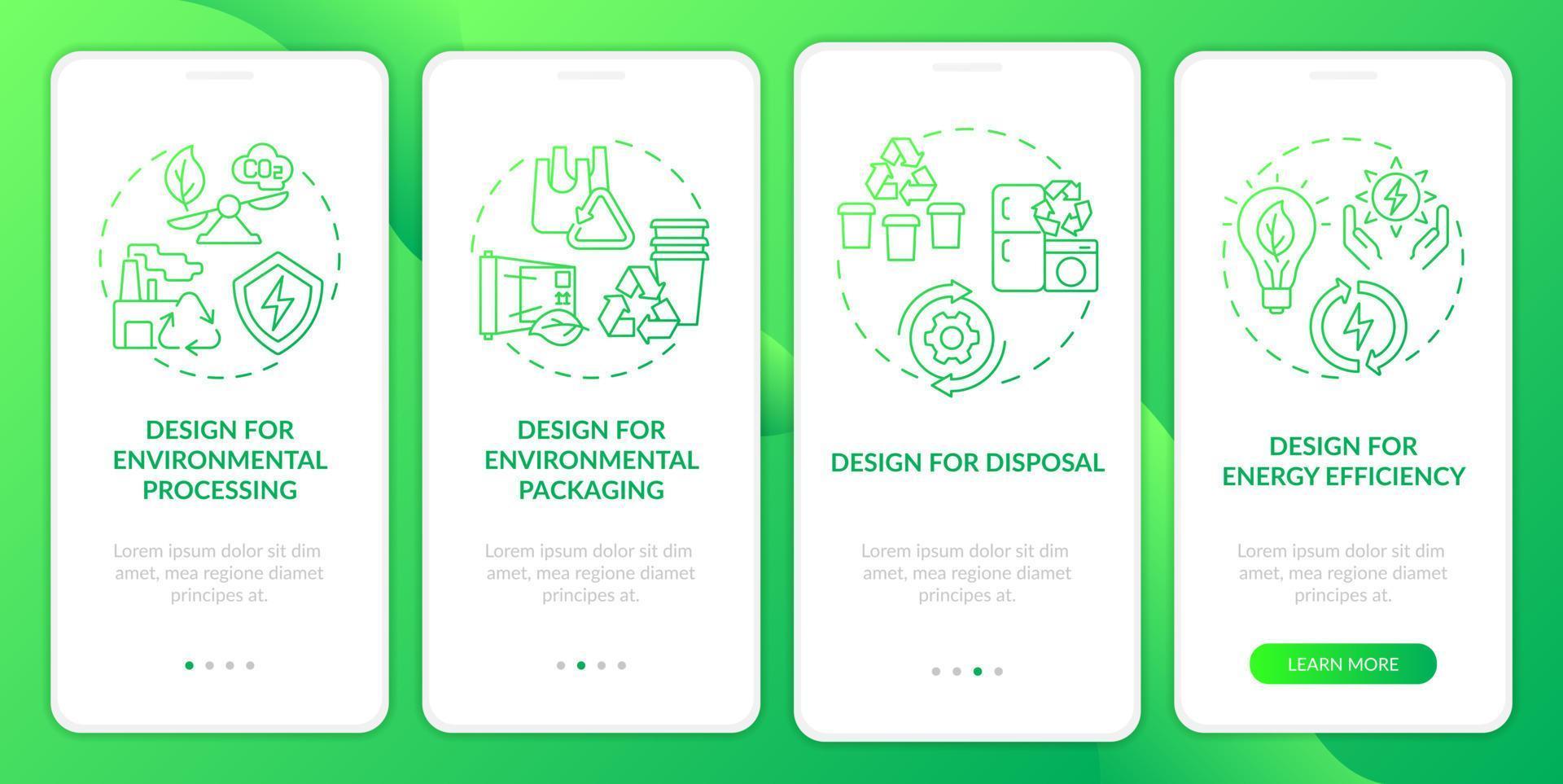 Design for environment green gradient onboarding mobile app screen. Walkthrough 4 steps graphic instructions pages with linear concepts. UI, UX, GUI template. vector