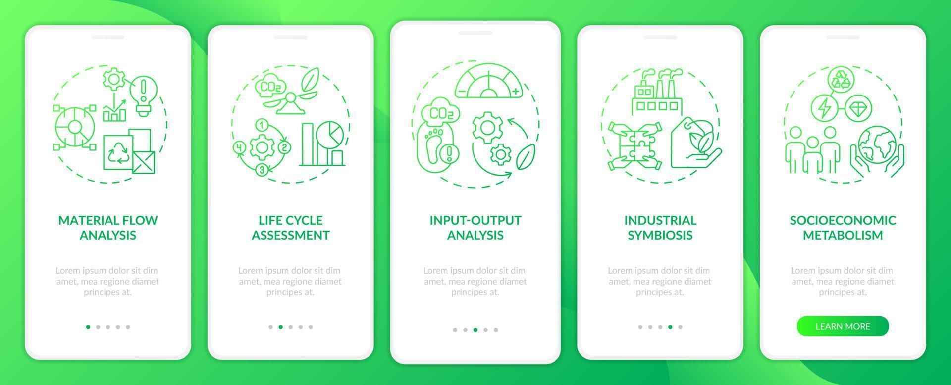 Industrial ecology methods green gradient onboarding mobile app screen. Walkthrough 5 steps graphic instructions pages with linear concepts. UI, UX, GUI template. vector