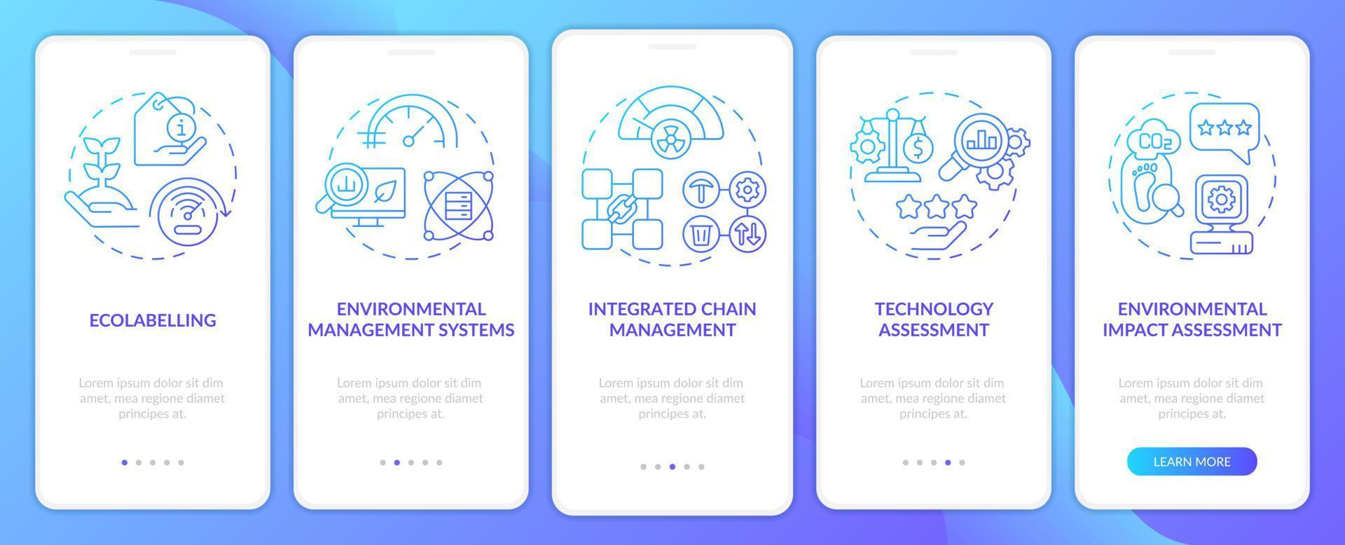Tools of industrial ecology blue gradient onboarding mobile app screen. Walkthrough 5 steps graphic instructions pages with linear concepts. UI, UX, GUI template. vector