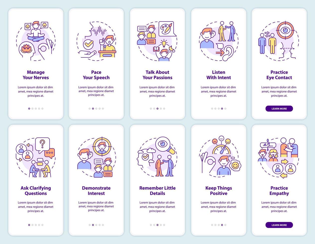 Developing charisma onboarding mobile app screen set. Practical steps walkthrough 5 steps graphic instructions pages with linear concepts. UI, UX, GUI template. vector