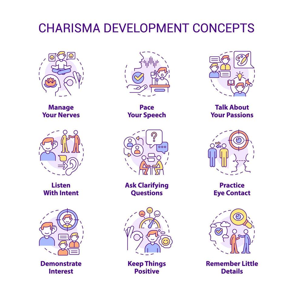 Charisma development concept icons set. Communication tactics. Self presentation idea thin line color illustrations. Isolated symbols. Editable stroke. vector