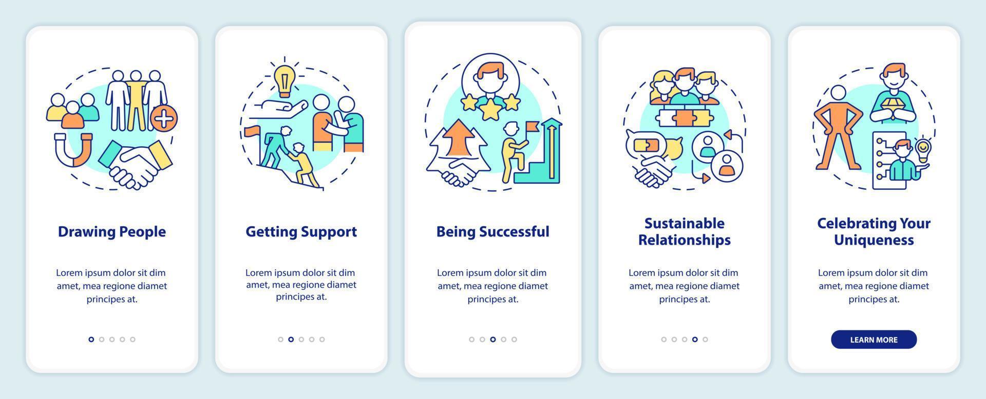 Charisma benefits onboarding mobile app screen. Attract people walkthrough 5 steps graphic instructions pages with linear concepts. UI, UX, GUI template. vector