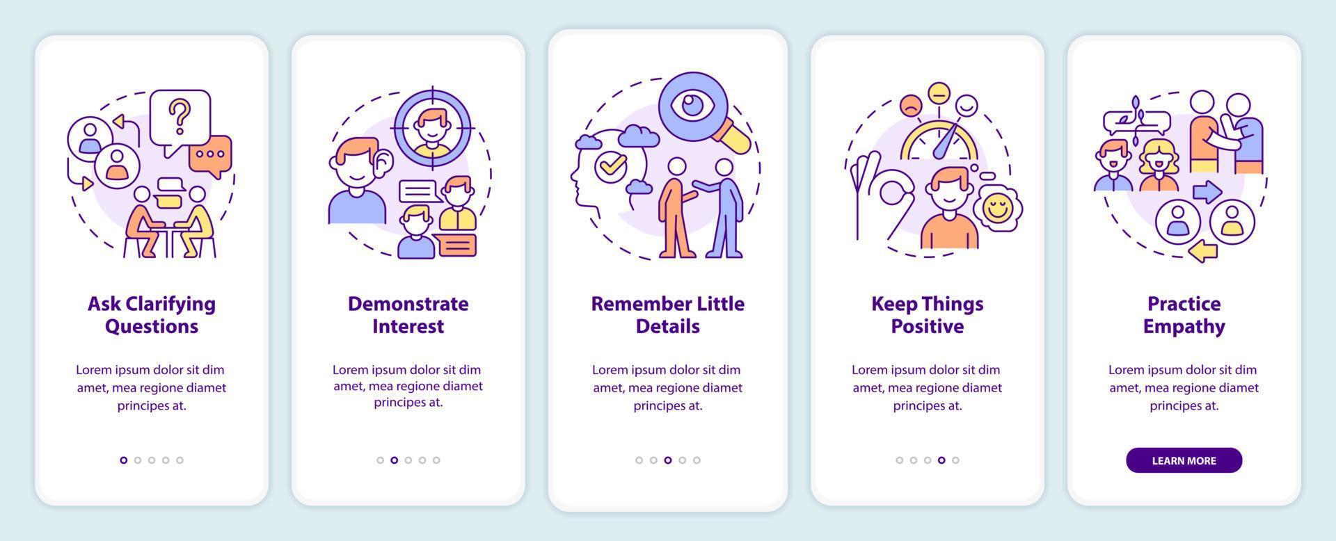 Practical steps to build charisma onboarding mobile app screen. Walkthrough 5 steps graphic instructions pages with linear concepts. UI, UX, GUI template. vector