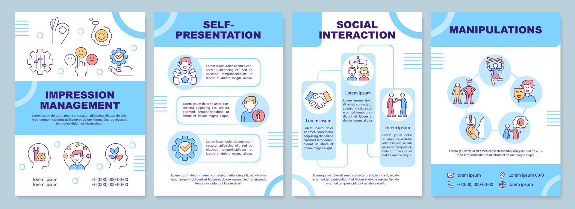 Impression management techniques blue brochure template. Leaflet design with linear icons. 4 vector layouts for presentation, annual reports.