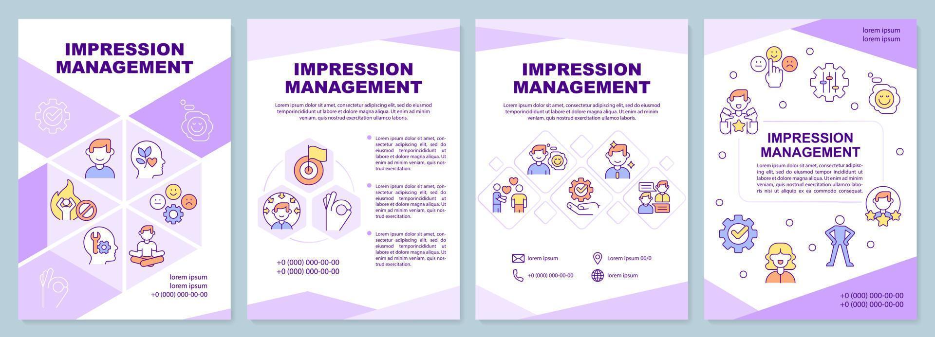 Impression management brochure template. Practical steps. Leaflet design with linear icons. 4 vector layouts for presentation, annual reports.