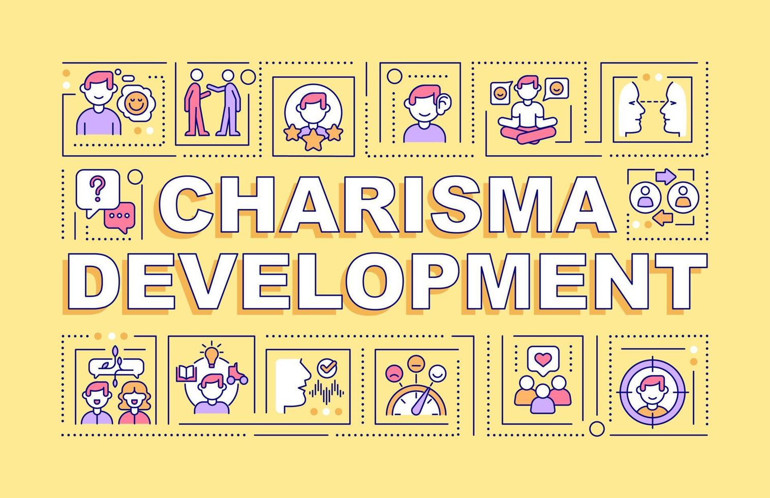 Charisma development word concepts yellow banner. Interpersonal skills. Infographics with icons on color background. Isolated typography. Vector illustration with text.