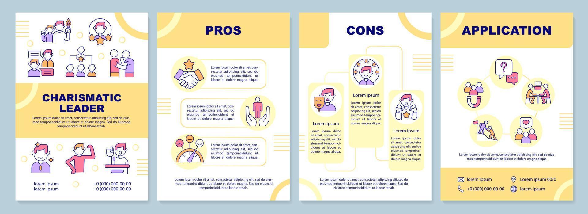 Charismatic leadership orange brochure template. Inspire and motivate. Leaflet design with linear icons. 4 vector layouts for presentation, annual reports.
