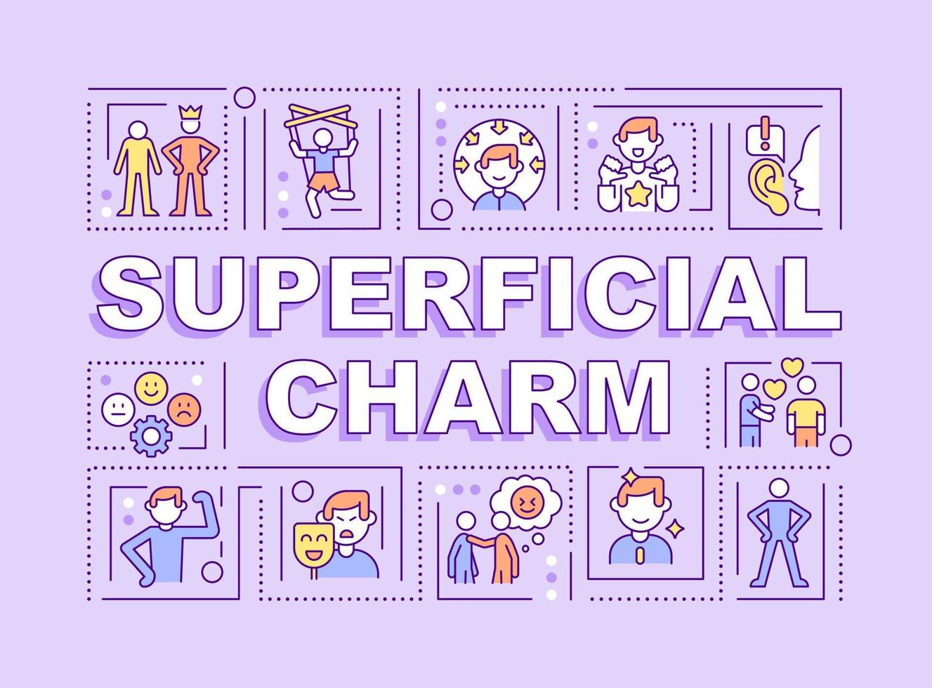 Superficial charm word concepts purple banner. Impression management. Infographics with icons on color background. Isolated typography. Vector illustration with text.