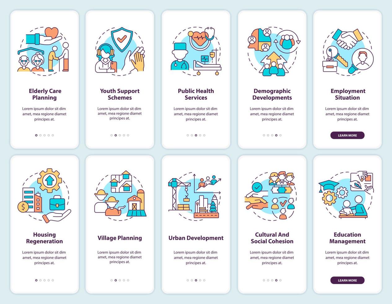 Social planning onboarding mobile app screen. Examples walkthrough 5 steps graphic instructions pages with linear concepts. UI, UX, GUI template. vector