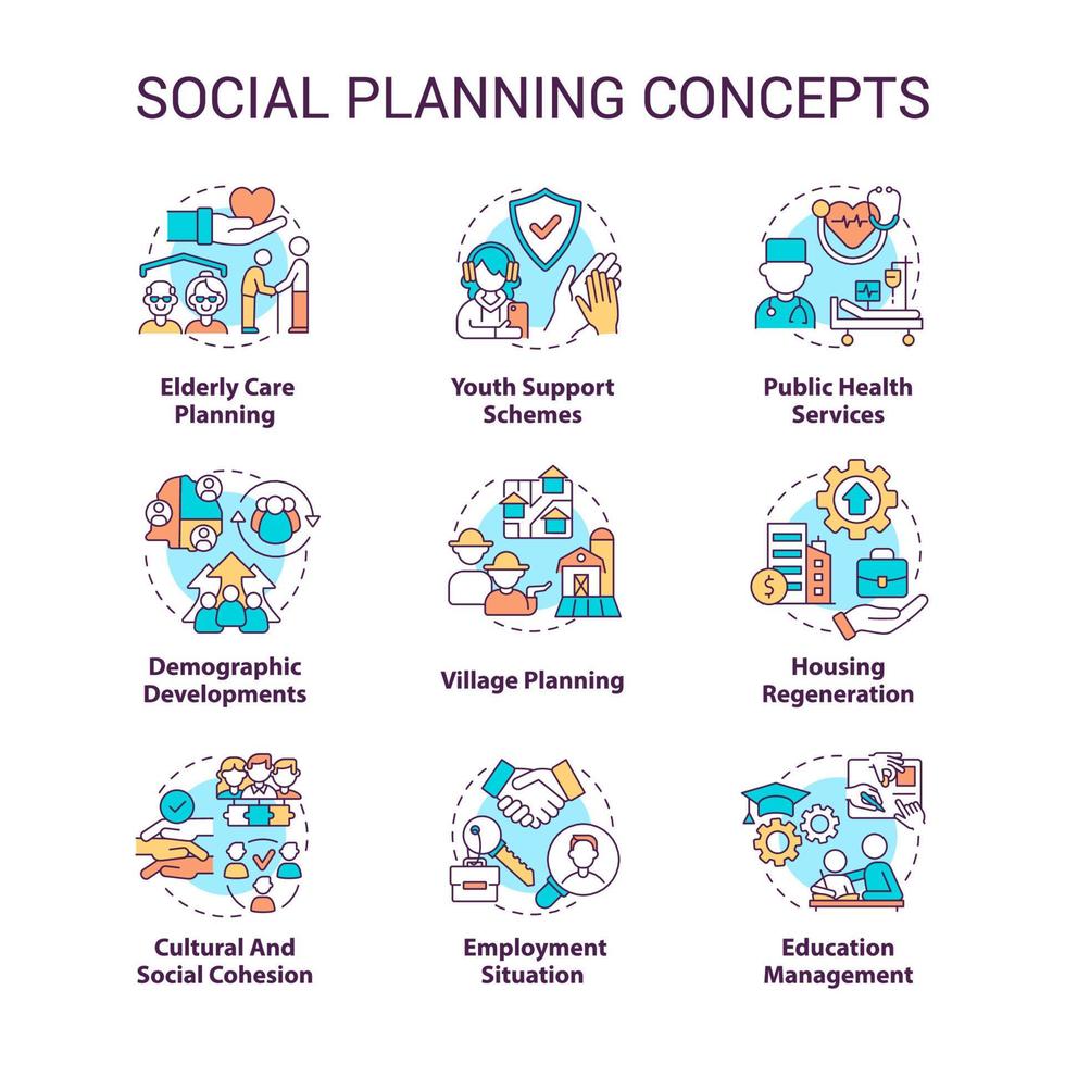 Social planning concept icons set. Society issues and concerns. Community changes idea thin line color illustrations. Isolated symbols. Editable stroke. vector