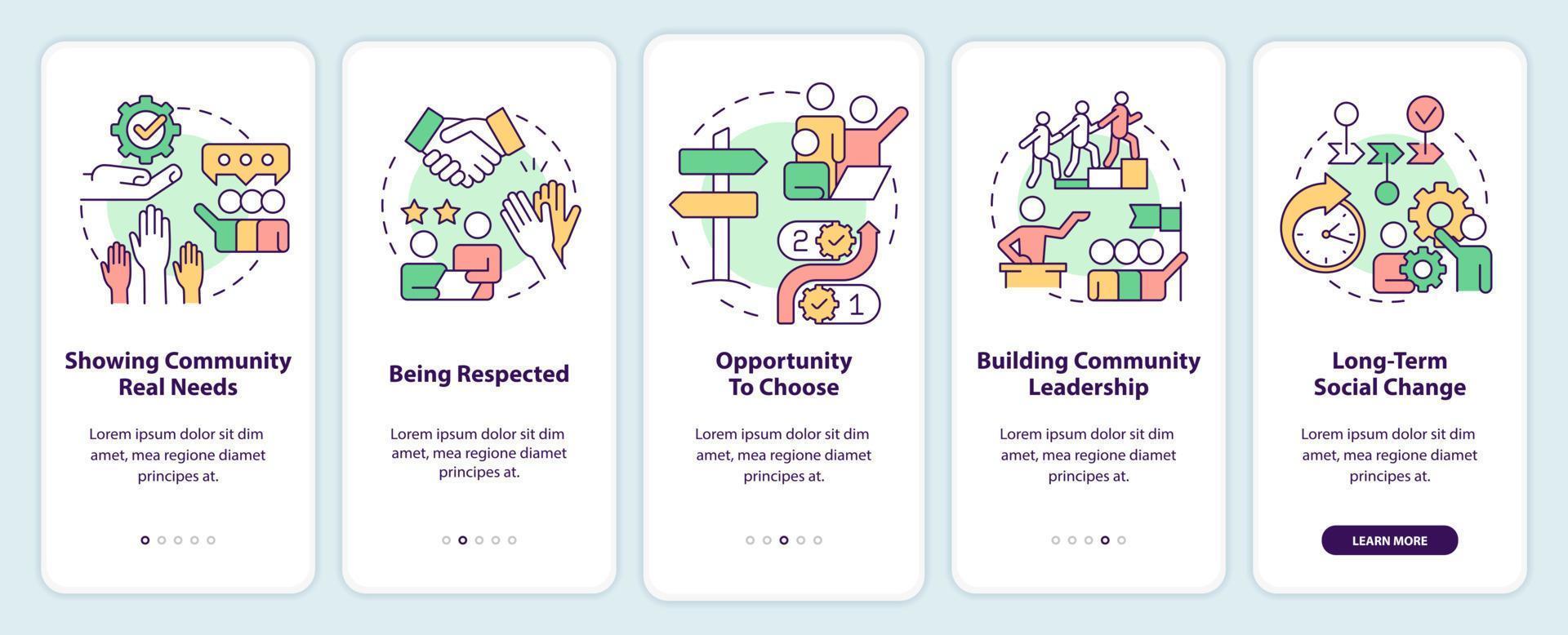 Reasons for participation onboarding mobile app screen. Social planning walkthrough 5 steps graphic instructions pages with linear concepts. UI, UX, GUI template. vector