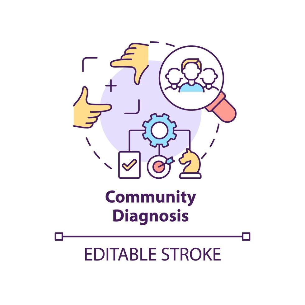 Community diagnosis concept icon. Determine group needs. Social planning stage abstract idea thin line illustration. Isolated outline drawing. Editable stroke. vector