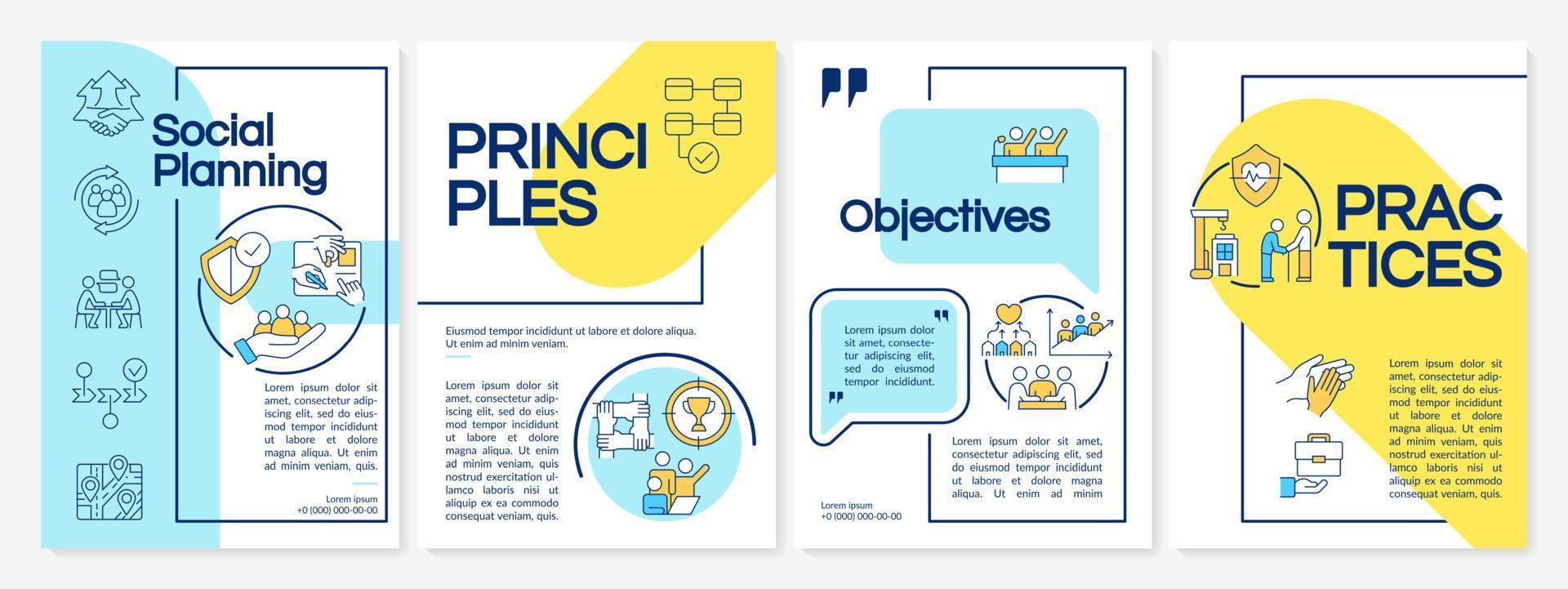 Social planning guideline blue and yellow brochure template. Leaflet design with linear icons. 4 vector layouts for presentation, annual reports.